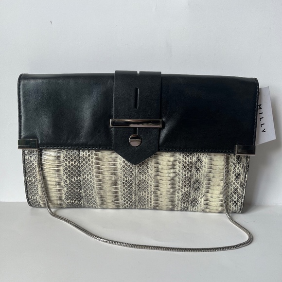 MILLY Mercer Snakeskin Black Leather Shoulder Chain Envelope Clutch - Picture 1 of 11